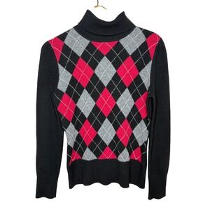 Apt 9 100% Cashmere Argyle Turtleneck Sweater Women's Size M Black Red Gray